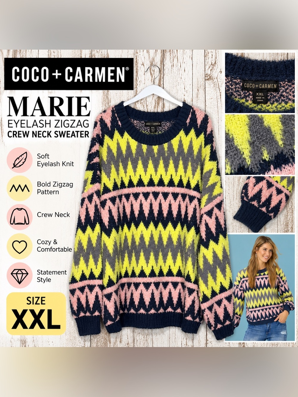 COCO + CARMEN Marie Eyelash Zigzag Crew Neck Sweater Women’s XXL